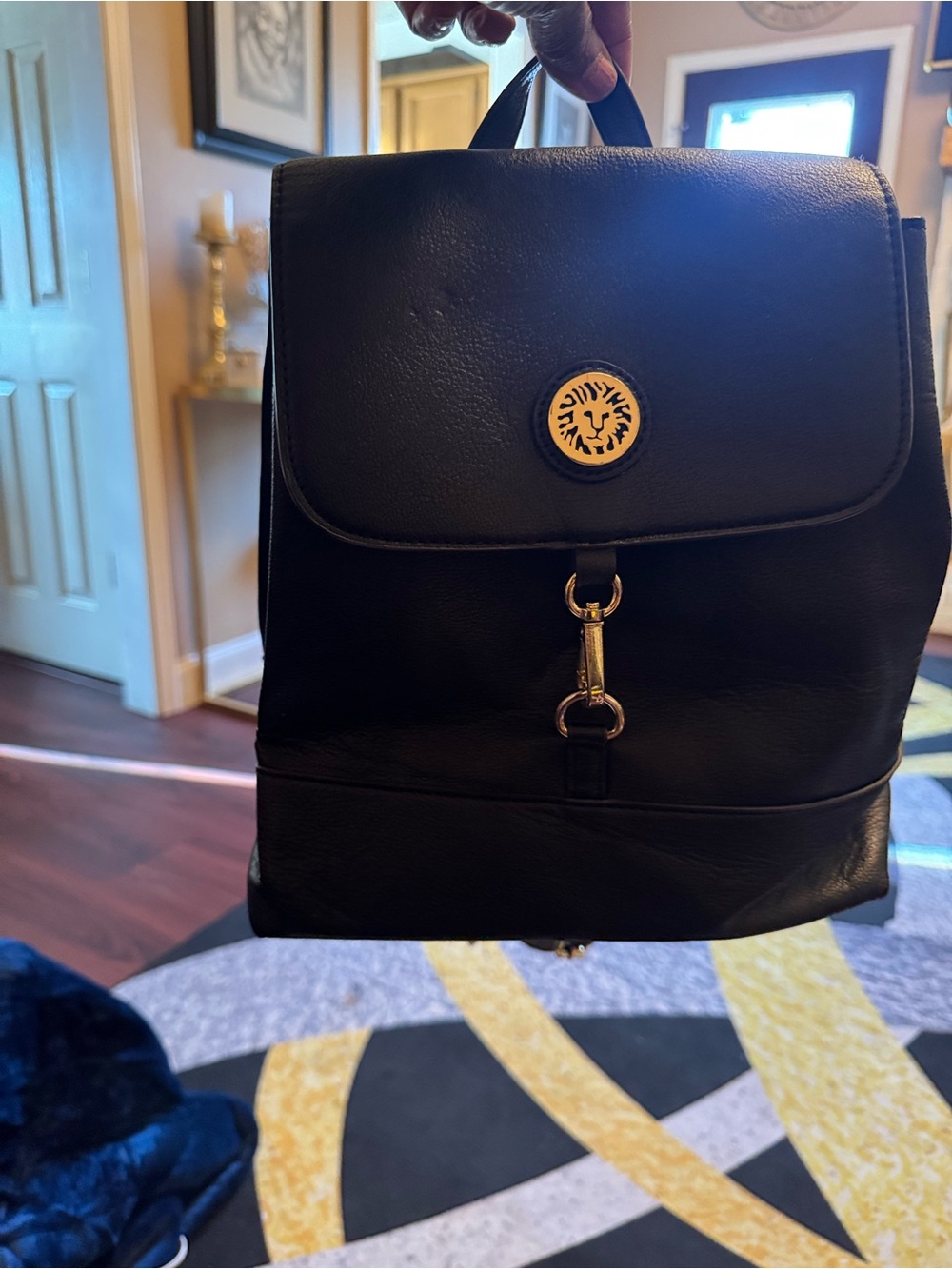 Anne Klein Black Faux Leather Backpack with Gold Accent
